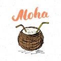 Lettering word aloha with Hand drawn Sketch coconut typographic design sign, Vector Illustration