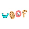 Lettering words woof. doodle on the topic of a puppy, grooming, veterinary medicine. A pattern with a fashionable color Royalty Free Stock Photo