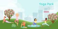 Lettering yoga park, banner ad, female fitness training, health people activities, design, cartoon style vector