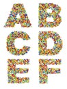 Letters of the alphabet A through F made from colorful glass beads on a white