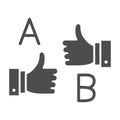 Letters A and B and thumbs up solid icon, linguistics concept, learn foreign language vector sign on white background