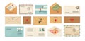 Letters. Cartoon envelopes. Opened and closed mail with post stamps. Correspondence delivery. Sending greeting cards and