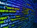 Letters, chars, and digits. Monitor closeup of function source code. Mobile app building. Php code on blue background in code Royalty Free Stock Photo