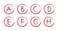 Letters in circles. Handwriting red markers. Icons with a, b, c, d, e, f, g, h. set for grade, school, college and education.