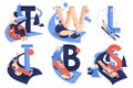 Letters collection for sledding sport activities. T for tubing, W for wok racing, L for luge, I for ice blocking, B for bobsleigh