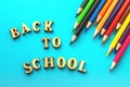 Letters and color pencils on turquoise background. From above inscription Back to school and bright colorful pencils on