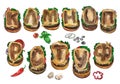 The letters of the Cyrillic alphabet, painted with watercolors in the form of burgers, part 2