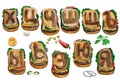The letters of the Cyrillic alphabet, painted with watercolors in the form of burgers, part 3