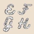 Letters ` E, F, G, H` .Fairy hand drawn cute font in baroque style.