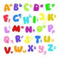 Letters of English alphabet capital and small of different bright colors, cartoon style hand drawn abc set Royalty Free Stock Photo