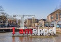 Letters forming the text I am Meppel in front of a bridge