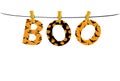 The letters and the inscription of a boo Halloween hang on pins