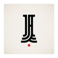 Letters J and A - logotype with waves and red dot. Concise logo with monogram JA or AJ. Vector template