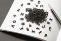 Letters of the latin alphabet are scattered on a blank white blank notepad sheet, grammar and spelling, learning foreign languages Royalty Free Stock Photo
