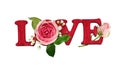 Letters LOVE made of painted wood and pink rose flowers isolated on white Royalty Free Stock Photo