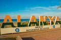 Letters of the name of the city of Alanya Landscape with a view of the city. Alanya, Antalya district, Turkey, Asia