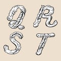 Letters ` Q, R, S, T` .Fairy hand drawn cute font in baroque style.