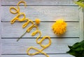 letters spring made of knitting yarn, crochet and yellow ball of yarn. spring colors for knitting