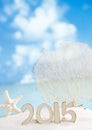 2015 letters with starfish, ocean ,white sand beach Royalty Free Stock Photo