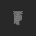 Letters TP logo hipster monogram, weaving thin line emblem PT medieval initials, overlapping two symbols P T template