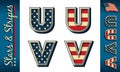 Letters U and V. Stylized initials with USA flag elements