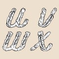 Letters ` U, V, W, X` .Fairy hand drawn cute font in baroque style.