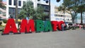 Letters in volume forming the word AMBATO in the Pedro Fermin Cevallos Park in the downtown of the city