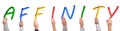 Letters of the word affinity held by hands Royalty Free Stock Photo