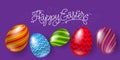 Letthering and five beautiful Easter eggs on a violet background