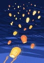 Letting out ÃÂhinese lanterns in the night sky , vector illustration Royalty Free Stock Photo