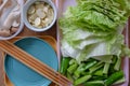 Lettuce, Eryngii Mushroom, cucumber, and garlic, side dishes of Korean Barbecue, Korean traditional grilled BBQ food Royalty Free Stock Photo