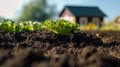 lettuce farm, black soil and blur cottage in the middle of the farm. Product display montage. Royalty Free Stock Photo