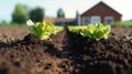 lettuce farm, black soil and blur cottage in the middle of the farm. Product display montage. Royalty Free Stock Photo