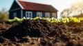 lettuce farm, black soil and blur cottage in the middle of the farm. Product display montage. Royalty Free Stock Photo