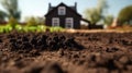 lettuce farm, black soil and blur cottage in the middle of the farm. Product display montage. Royalty Free Stock Photo