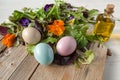 Lettuce and flower salad on woody white background spring, easter Royalty Free Stock Photo