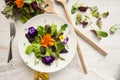 Lettuce and flower salad on woody white background spring, easter Royalty Free Stock Photo