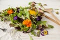 Lettuce and flower salad on woody white background spring, easter Royalty Free Stock Photo