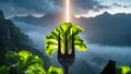 Vibrant Green Lettuce Leaf on Fork Against Mountain Sunrise Royalty Free Stock Photo