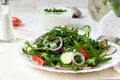 Lettuce mix of rukolly, tomatoes, cucumbers with rings of red on Royalty Free Stock Photo