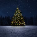 Leuchtender Weihnachtsbaum im Schnee bei Nacht an Heiligabend