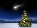 Leuchtender Weihnachtsbaum im Schnee bei Nacht an Heiligabend Royalty Free Stock Photo