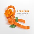 Leukemia Awareness Month banner with orange ribbon and flower