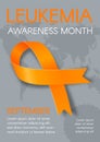 Leukemia Awareness Month vertical poster with an orange ribbon. Print template design.