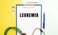 LEUKEMIA text on a letterhead in a medical folder on a beautiful background