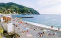 Levanto Cinque Terre colorful villag Italy, colorful beach with umbrella during summer holiday