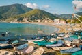 Levanto Cinque Terre colorful villag Italy, colorful beach with umbrella during summer holiday