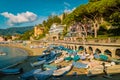 Levanto Cinque Terre colorful villag Italy, colorful beach with umbrella during summer holiday