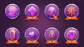 Level badges with xp points and rank icons isolated on a purple background for game UI design. Crystal stone labels with