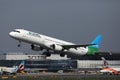 Level plane taking off from Vienna Airport runway VIE